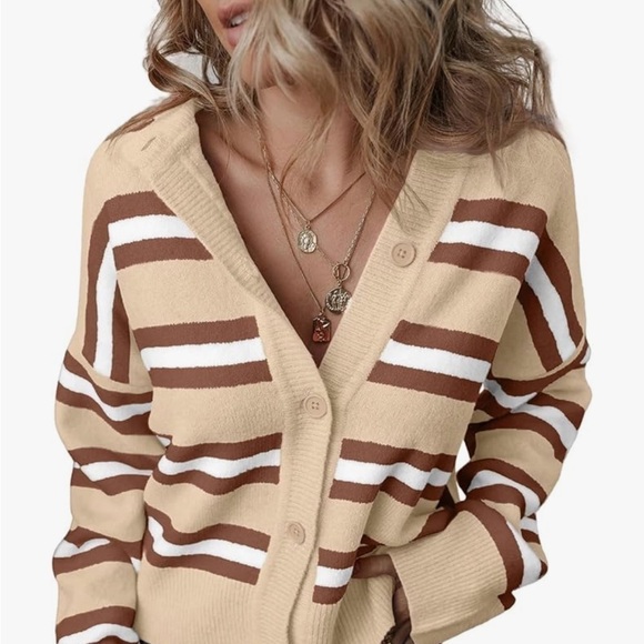 Sweaters - Striped Cardigan Chunky Buttons Soft Casual White Maroon Orange Size XL